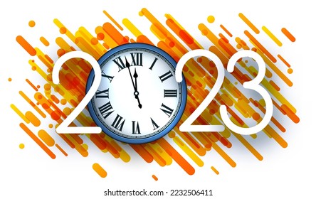 2023 sign with clock showing midnight on orange gradient brush strokes background.