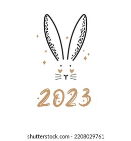 2023 sign with cute bunny. Vector New Year symbol on white background.