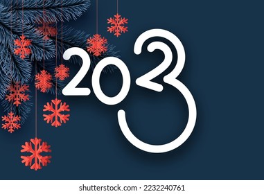 2023 sign with fir, hanging red snowflakes on blue background. Vector holiday illustration.