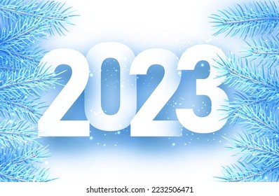 2023 sign with fir on blue background. Vector holiday illustration.