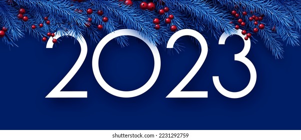 2023 sign with fir and red berries on blue background. Vector holiday illustration.