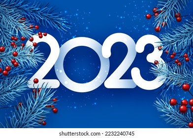 2023 sign with fir and red berries on blue background. Vector holiday illustration.