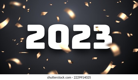 2023 sign with golden foil cut ribbon confetti on black background.