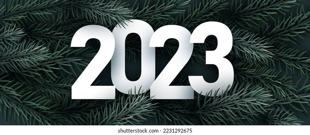 2023 sign with green fir background. Vector holiday illustration.