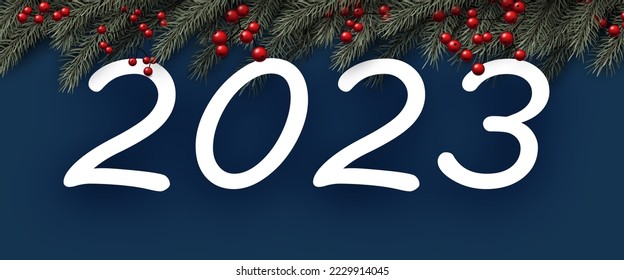 2023 sign with green fir and red berries on blue background.