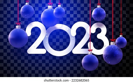 2023 sign with hanging baubles on transparent background. Vector holiday illustration.
