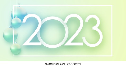2023 sign with hanging Matt green and blue christmas baubles with frame.