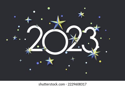 2023 sign with metallic scattered stars confetti. Vector holiday illustration.