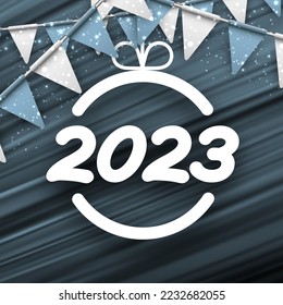 2023 sign on blue brush strokes background with flags garland. Vector holiday illustration.