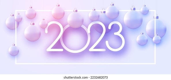 2023 sign with pink and blue gradient hanging baubles and frame. Vector holiday illustration.