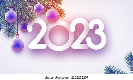 2023 sign with purple hanging baubles and fir branches. Vector holiday illustration.