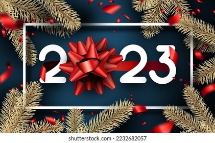 2023 sign with red bow in frame, golden fir and red cut ribbon confetti. Vector holiday illustration.