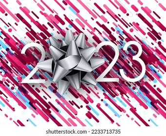2023 sign with silver bow on purple brush strokes background.