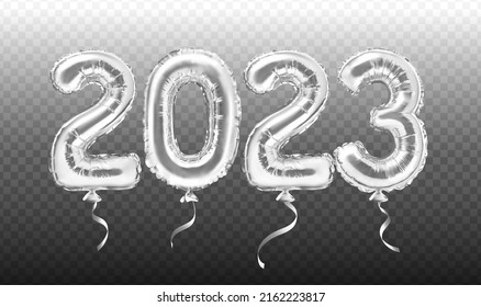 2023 silver decoration holiday on transparent background. Silver foil balloons numeral 2023. Realistic 3d vector illustration