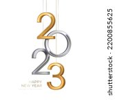 2023 silver and gold numbers hanging on white background. Vector illustration. Minimal logo invitation design for Merry Christmas and Happy New Year. Winter holiday poster brochure voucher template.