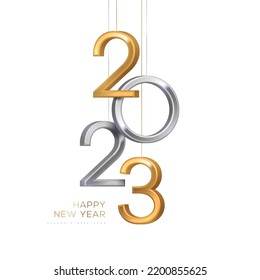 2023 silver and gold numbers hanging on white background. Vector illustration. Minimal logo invitation design for Merry Christmas and Happy New Year. Winter holiday poster brochure voucher template.