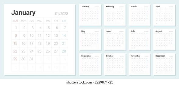 2023 Simple Calendar week start Sunday corporate design template vector.