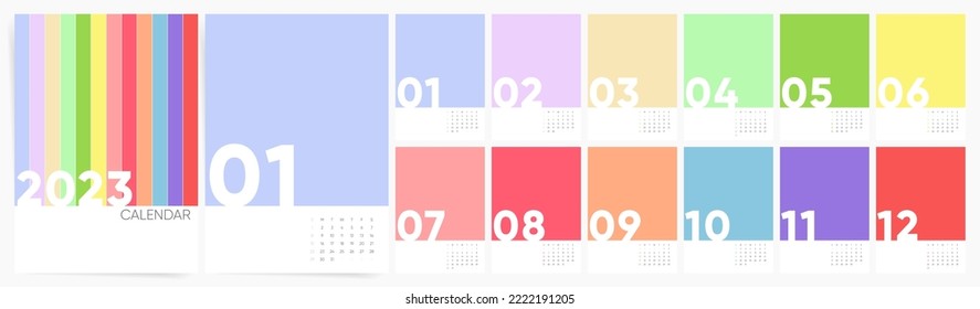 2023 Calendario simple colorido. La semana comienza el domingo. Diseño de calendario mensual de color arcoiris moderno para impresión. Conjunto de 12 páginas de escritorio o calendario de pared.  
