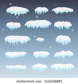 2023 Snow caps snowballs, snowdrifts ice set. Snow cap capped mountain icicles vector Happy New Year and Merry Christmas Decoration template pattern winter holiday party elements transparent cartoon