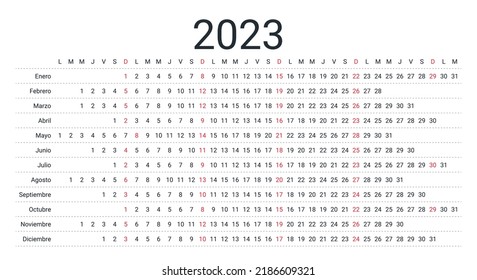 2023 Spanish calendar. Linear planner for year. Yearly horizontal calender template. Table schedule grid. Desk timetable with 12 months. Week starts Monday. Landscape orientation. Vector illustration.