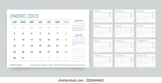 2023 Spanish calendar. Planner template. Calender layout with 12 month. Week starts Monday. Yearly stationery organizer. Table schedule grid. Horizontal monthly desk diary. Vector simple illustration