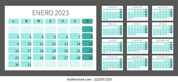 2023 Spanish calendar. Planner template. Calender layout with 12 month.Horizontal monthly desk diary. Vector simple illustration