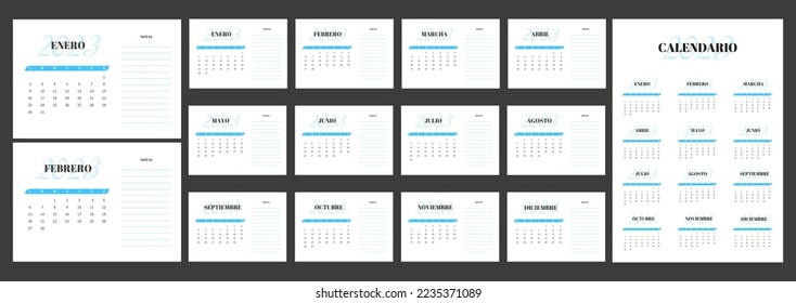 2023 Spanish calendar. Planner template. space for notes. Horizontal monthly desk diary. Vector simple illustration