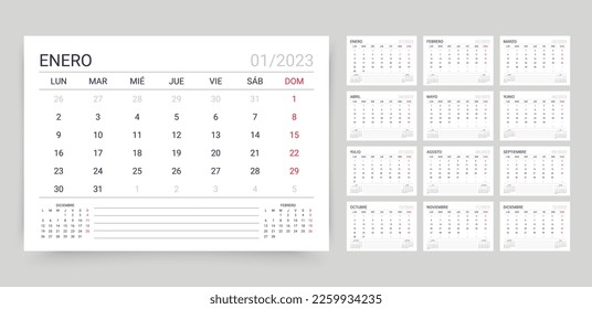 2023 Spanish calendar. Planner template with 12 month. Week starts Monday. Calender layout. Yearly table organizer. Desk schedule grid. Horizontal monthly diary with pages. Vector simple illustration