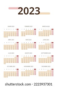2023 Spanish calendar. Week starts on Monday. Calendar template in orange-red shades