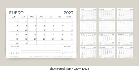 2023 Spanish сalendar. Planner grid. Week starts Monday. Desk schedule template. Yearly calender layout. Table organizer. Horizontal monthly diary with 12 month. Vector illustration Paper size A5  