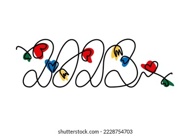 2023. Stylized handwritten font with one solid line with heart shaped figures and colored spots.