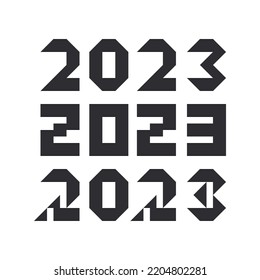 Conjunto de texto estilizado de 2023. Plantilla de diseño de brutalismo de píxeles minimalista de número de año nuevo. Sencilla decoración del logotipo navideño en bauhaus para banner, tarjeta, folleto, portada y calendario. Ilustración vectorial.