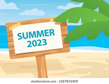 Sommerkonzept 2023, Palmen am tropischen Strand, Sommerurlaub, exotische Insellandschaft - Vektorgrafik