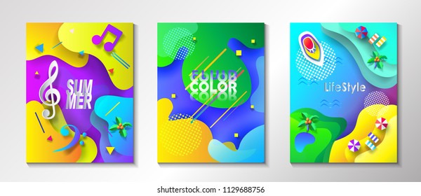 2023 Summer Music Dance Festival Carnival Poster, Brochure Covers Set Abstract Dynamic Vibrant Color Lines Paper Cut Fluid Shapes Concept Pop Art, Tropical Sea Beach Pool Water Modern Hipster Minimal