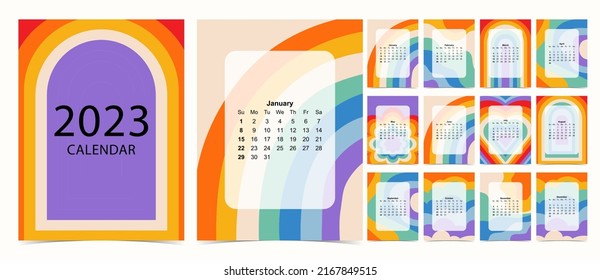 2023 table calendar week start on Sunday with groovy and rainbow that use for vertical digital and printable A4 A5 size 