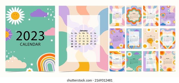 2023 table calendar week start on Sunday with groovy and flower that use for vertical digital and printable A4 A5 size 