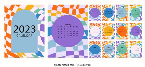 2023 table calendar week start on Sunday with groovy and rainbow that use for vertical digital and printable A4 A5 size 