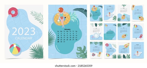 2023 table calendar week start on Sunday with beach and pool that use for vertical digital and printable A4 A5 size 