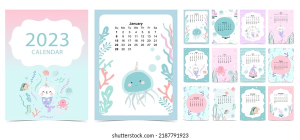 2023 table calendar week start on Sunday with mermaid and whale that use for vertical digital and printable A4 A5 size 