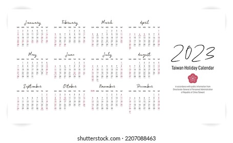 2023 Taiwan Holiday Calendar With Peasant Lunar Calendar In Chinese Character, Base On Public Information Announced By Government Agencies