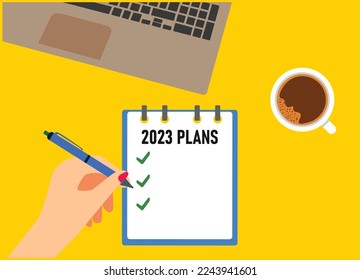 Objetivo para 2023. propósito, plan, acción, archivo, taza de café y pluma sobre fondo rosa, página de bloc de notas en blanco.Concepto de idea de año nuevo.
Hola al año 2023.