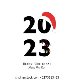 2023 text with colorful light bulb and hat. Happy new year and merry christmas greeting card