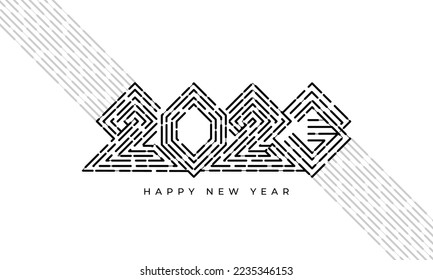 2023 text design on circuit board. Vector black 2023 New Year motherboard lines on white background.