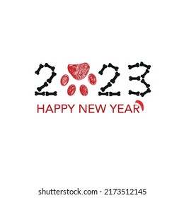 2023 text with doodle bone and paw print. Happy new year and merry christmas greeting card