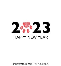2023 text with doodle red paw print. Happy new year and merry christmas greeting card