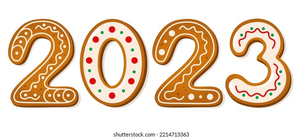2023 text in gingerbread cookies style with colorful icing. Cartoon New Year and winter holiday theme. Vector illustration on white background. 