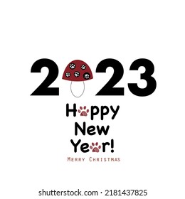 2023 text Mushroom made of paw prints creative cat dog lovers merry christmas happy new year greeting card