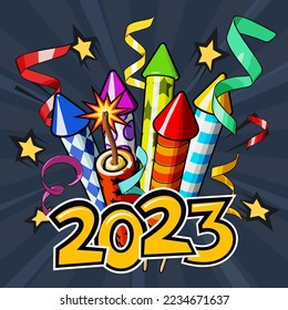 2023 text and New Year fireworks, Happy New Year greetings against a starry night sky. Vector illustration in comic pop art style