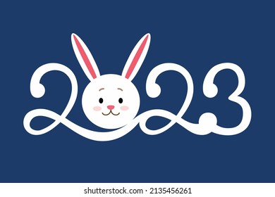 2023 text. Rabbit white small cartoon, head and long ears, symbol of 2023 according to the Chinese calendar. Vector illustration isolated on blue christmas background