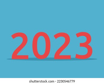 2023 text, red on blue background. New Year, celebration, holiday, party, greeting card or poster. Flat design. Vector illustration. EPS 8, no gradients, no transparency